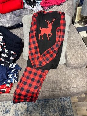 Adults Red Buffalo Plaid Reindeer Pajama Set - Cozy Holiday Sleepwear